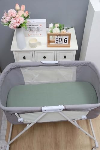 Image of Onacosht Muslin Bassinet Sheets 3 Pack for Baby Unisex, Green and Botanical | Skin-friendly, 100% Cotton Bassinet Fitted Sheets, 33 inch X 17 inch, Universal Size for Standard Oval & Rectangle Bassinet Mattress