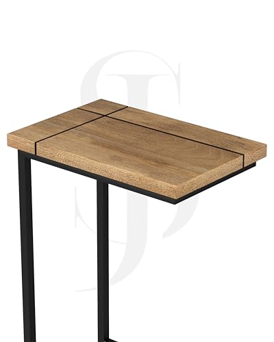 Image of Modern C-Side End Table for Living Room - Mango Wood with Black Metal Frame, Contemporary Sofa Side Table for Bedroom & Office (18L x 11D x 24H Inches) (Natural)