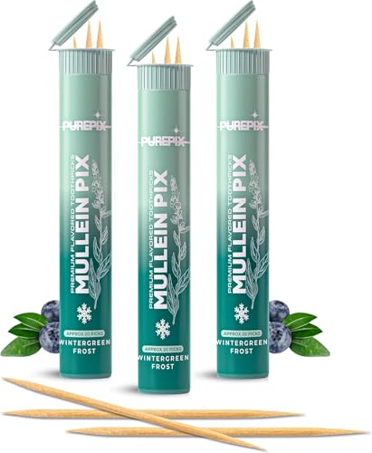 Image of PUREPIX Mullein Pix Flavored Toothpicks, Wintergreen Frost Infused with Mullein Leaf, Extra Thick Natural Alternative to Hand-to-Mouth Habit, 3 Pack, Plant-Based Sticks, Nicotine Free, Kosher Vegan