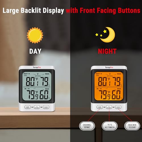 ThermoPro TP62 Indoor Outdoor Thermometer Wireless, 500ft Range Outside Thermometer with Remote Temperature Sensor, Outdoor Thermometers for Patio with 3.3" Backlit Large Display Thermometer Outdoor