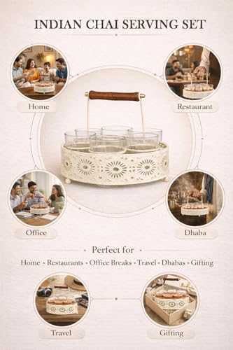 Image of Tapri Style Cutting Chai Glass Set of 6 with Heavy Metal Stand | Desi Cutting Tea Glasses for Home & Cafe | Premium Tapri Tea Cups for Kitchen, Office Pantry, Restaurants & Gifting