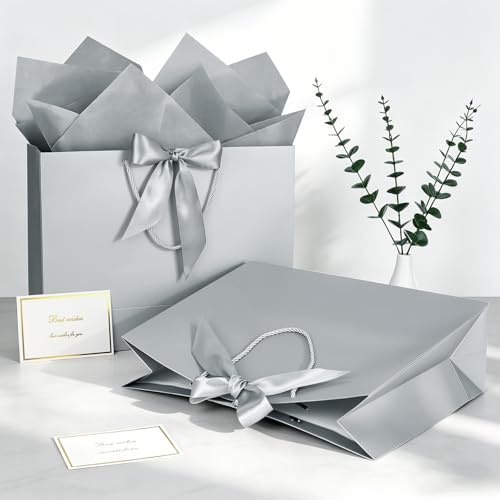 Image of JMANNI Gift Bags with Handles, 13 inch Medium Gift Bag for Presents, 1 Pcs Bags with 2 Tissue Paper and 1 Cards for Graduation Baby Shower Wedding Fathers Day Mother's Day Birthday Party（silver）