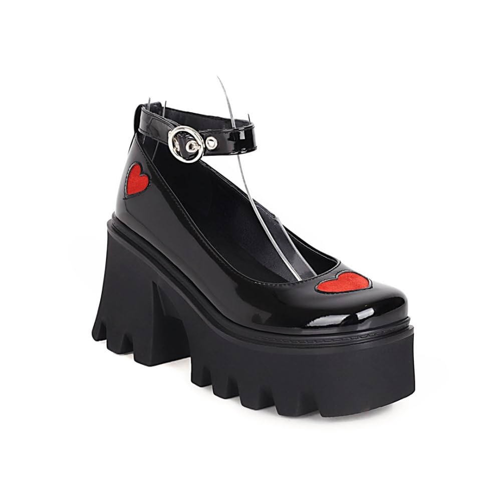 LVJMJ Mary Jane - Scarpe da donna con tacco grosso, plateau, punta quadrata, cinturino alla caviglia, fibbia retrò, gotico, stile scuro, in pelle PU, piattaforma frontale 4 cm, tacco 8 cm