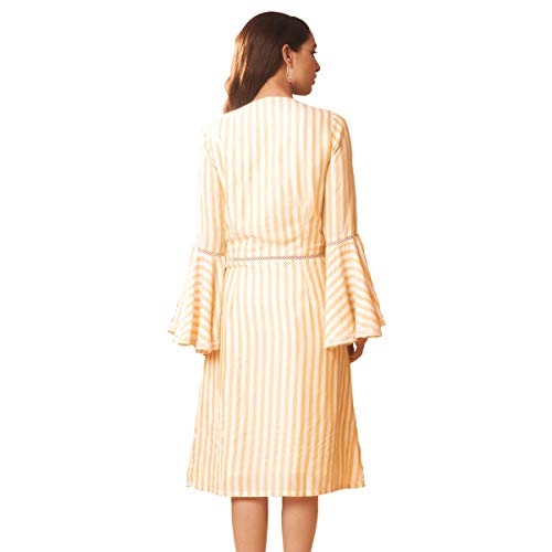 Image of DEEBACO Women's A Line /Fit & Flare Knee Length Dresses for Women Bell Sleeve Printed Striped Dress Midi for Girls Western Lace Dresses (Pink, Blue, Green, Yellow)