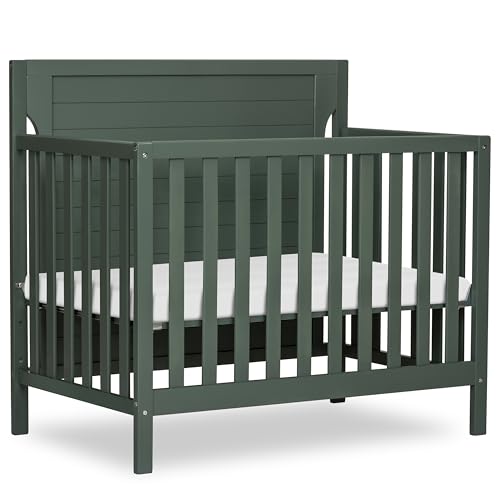 Image of Dream On Me Bellport 4-in-1 Convertible Mini Baby Crib, Compact Design in Safari Green, GreenGuard Gold & BSA, Non-Toxic, Pinewood, Converts to Mini Daybed & Twin Bed, 1″ Mattress Pad