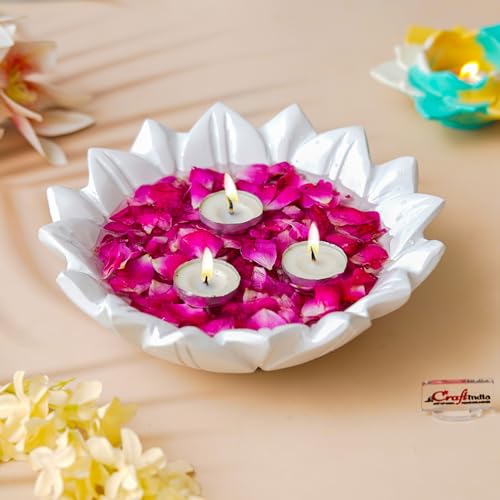 Image of eCraftIndia White Beautiful Decorative Lotus Urli Bowl for Home Decor | Urli Set for Decoration Floating Flowers Tea Light Candle Holder | Diwali Decoration Items Gifts for Family and Friends