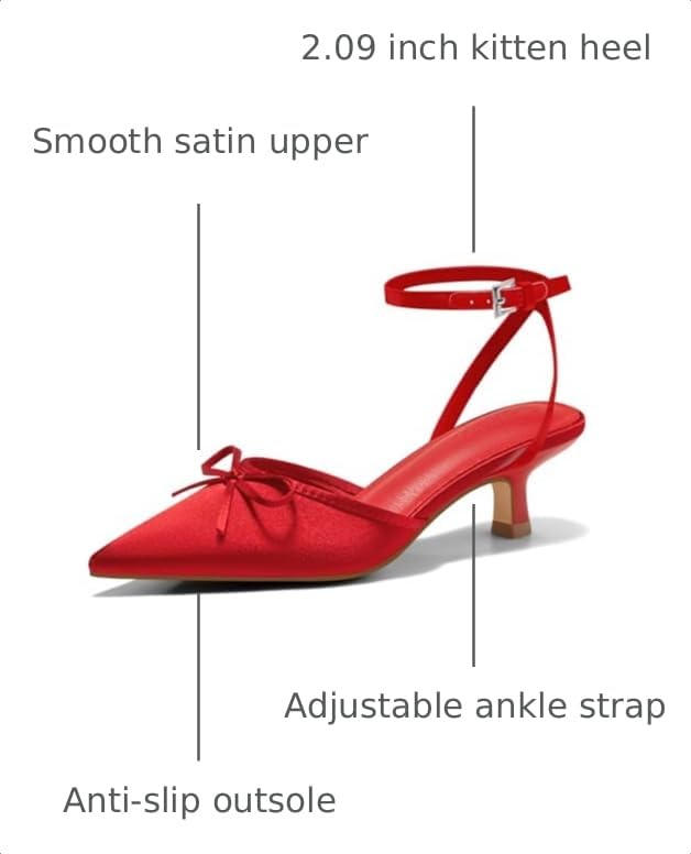 Image of Coutgo Satin Kitten Low Heels with Bow Closed Pointed Toe Short Pumps Dress Wedding Party Shoes