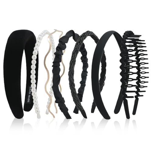 SMUOBT 7Pcs Headbands for Women,Paded Headband Pearl Headbands Beaded Headband Metal Headband Set No Slip Hair Accessories for Women Girls-Black