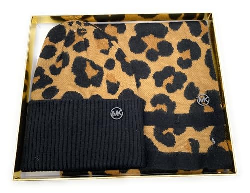 Michael Kors Ensemble écharpe et bonnet imprimé léopard en laine et acrylique avec boîte