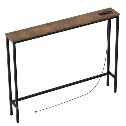 Aduanbang 5.9" Console Table with Outlet – Narrow Sofa Table, Behind Couch Table for Living Room & Hallway, 5.9" x 39.4" x 30", Metal Frame, Rustic Brown