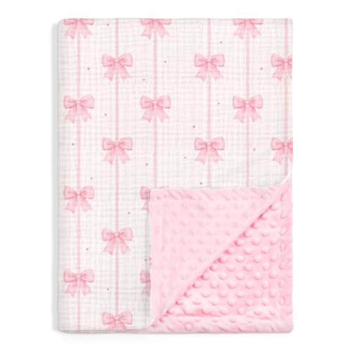 Image of SANDJEST Pink Bow Minky Muslin & Dotted Blanket 30x40 in Gift for Holiday, Gender Reveal Party, Hospital Visit, Baptism