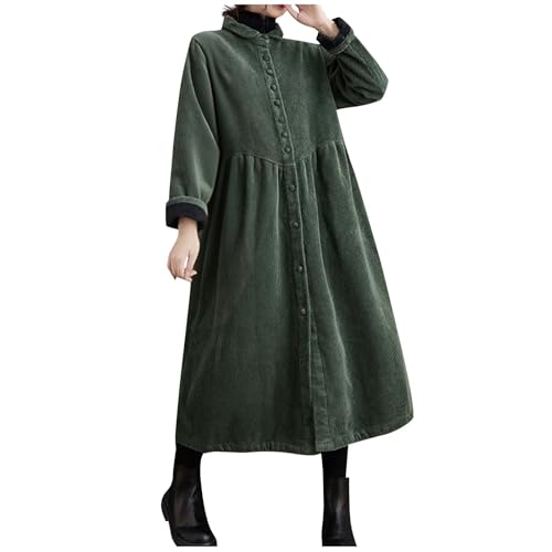 Womens Corduroy Button Down Shirt Jackets Lapel Retro Babydoll Long Jacket Trench Coat Casual Oversized Outwear