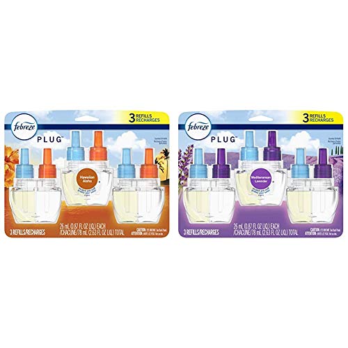 Febreze Odor-Eliminating Plug in Air Freshener Scented Oil Refill, Hawaiian Aloha, 3 Count & Odor-Eliminating Plug in Air Freshener Scented Oil Refill, Mediterranean Lavender, 3 Count