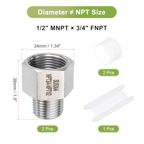 Image of uxcell 2 Pcs Pipe Fittings Reducer Adapter 1 /2 inch NPT Male Pipe x 3 /4 inch NPT Female Pipe Stainless Steel Adapter Pressure Gauge Connector for Oil Air Gas Hydraulic Systems