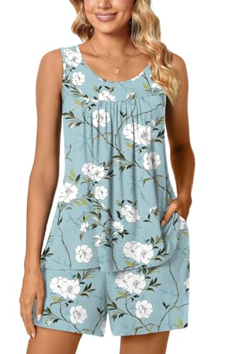 Image of POPYOUNG Pajama Set for Women Summer 2 Piece Lounge Shorts Sets Sleepwear | Womens Pajama Sets Cooling pijamas de mujer for Summer with Pockets Sleeveless Nightwear Outfits Pjs Shorts Set