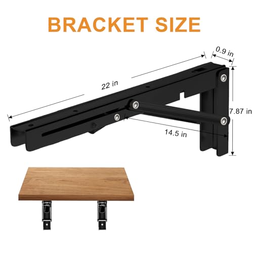 Image of Storystore Folding Shelf Brackets - 22 Inch Heavy Duty Metal Collapsible Shelf Bracket for Bench Table, Shelf Hinge Wall Mounted Space Saving DIY Bracket, Max Load: 150 lb (2 PCS, Black)