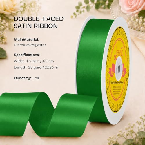 Image of Double Face Emerald Green Satin Ribbon 1-1 /2 inch X 25 Yards Polyester Emerald Green Ribbon for Gift Wrapping Very Suitable for Weddings Party Hair Bow Invitation Decorations and More