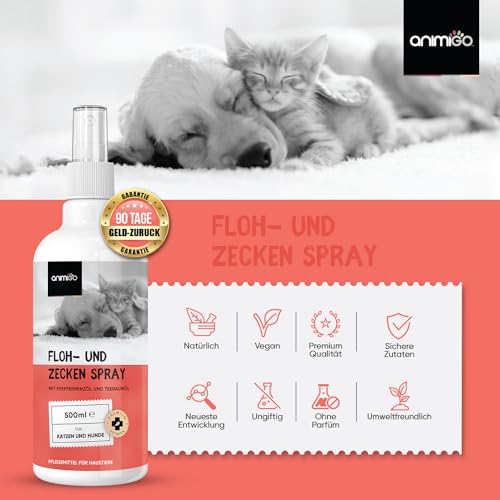 Floh & Zeckenschutz für Hunde & Katzen - Floh & Zeckenspray - Natürliches Flohmittel für Wohnung & Möbel - 500ml Zeckenschutz mit Pfefferminz & Rizinusöl - Flohspray - Anti Milben Spray - animigo