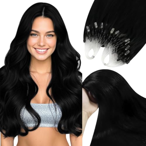 Image of YoungSee Micro Bead Hair Extensions Real Human Hair Black Microlink Hair Extensions Human Hair Jet Black Microbead Hair Extension 16 Inch 50 Strands 57g for Wedding