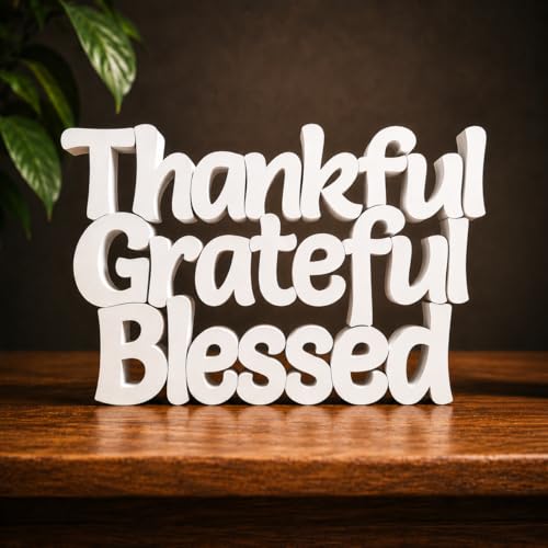 Image of Mad Masters Thankful Grateful Blessed Inspirational Desk Decor - Aesthetic Table, Shelf & Wall Showpiece for Home Office, Business. Vastu Friendly Gifting, Classic White (20.3 x 12.5 x 2.5 cm)