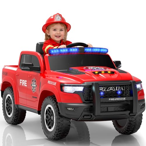 First Ride On 12V Ride on Fire Truck for Toddlers, Licensed RAM 1500 RHO Electric Car for Kids with Remote Control, Fire - Detailed View