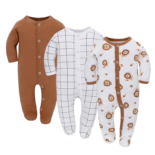 Miracle Baby 3 pièces bébé Barboteuses bébé Pyjama Sac de Couchage en Coton avec Pieds avec Boutons GR. 56 62 68 pour Nouveau-né Filles Garçon (62, Lion)