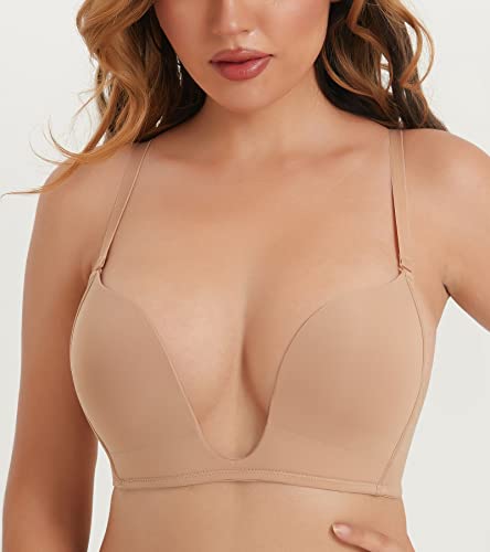 HACI Deep U Bra for Women Plunge Push Up Cleavage Seamless Low Neckline Padded Red Carpet Comfort2
