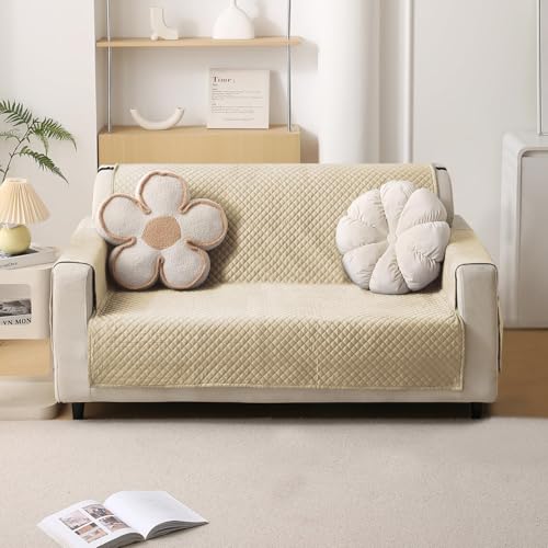 HOKIPO Quilted Velvet Sofa Cover with Pockets for 2 Seater, Natural Beige (NEW-766)
