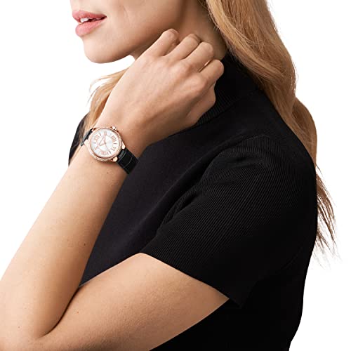 Image of Michael Kors Leather Camille Analog White Dial Women Watch-Mk2962, Black Band