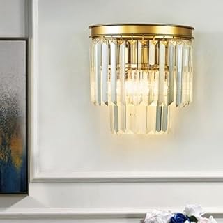 CCA-PCJ65WG 2-Tier Modern Crystal Wall Sconce - Luxury Brass Gold 2-Light E14 Base (Bulb not Included) Waterfall Wall Lamp, K9 Crystal Prism Indoor Fixture for Bedroom, Living Room & Hallway
