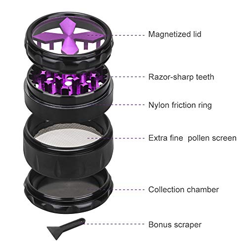 Premium Aluminium Herb Grinder, 2.5'' Large 4-Part Spice Herb Grinder with Pollen Screen