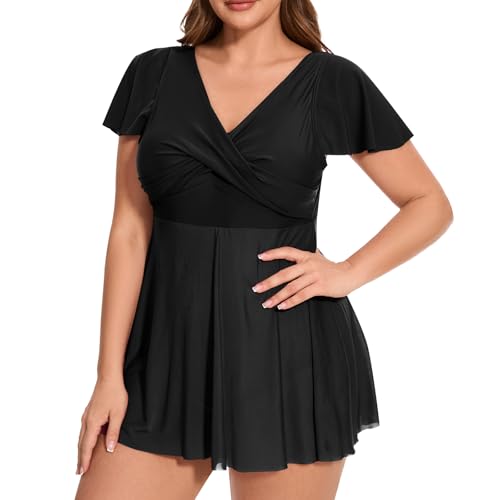 Women's Plus Size Swimsuit Ruffle Sleeve Swim Dress One Piece Tummy Control Bathing Suit V Neck Swimwear