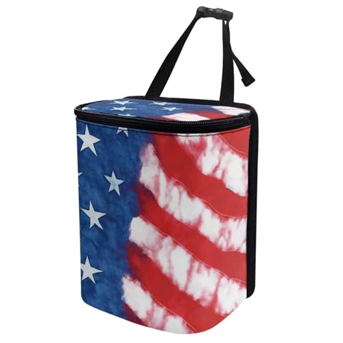 Image of Talayituse American Flag Tie Dye Print Car Trash Bin, Large Size Auto Trash Can Adjustable Portable Garbage Can with Lid, Vehicle Hanging Bag for Headrest Front Back Seat