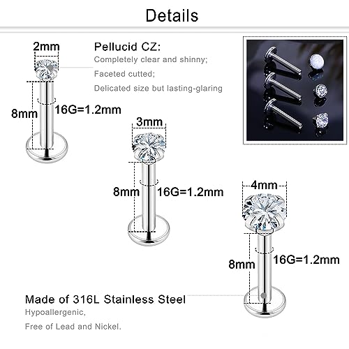 Dyknasz Opal Medusa Piercing Jewelry 16G Stainless Steel Labret Jewelry Lip Rings Snake Bite Piercing Jewelry Different Size Tragus Earrings Forward Helix Cartilage Conch Earring Stud with Flat Back2