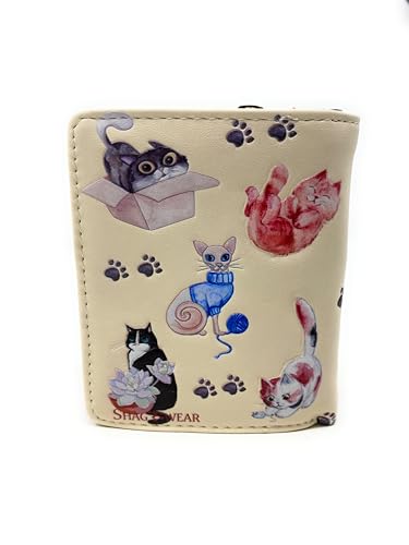 Shag Wear Playful Cats Small Wallet for Women and Teen Girls Vegan Faux Leather Beige 4.5"4