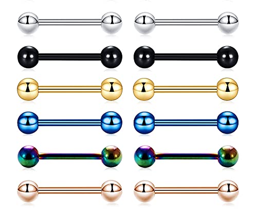 12 Pcs 14G Multicolor Stainless Steel Straight Barbell Tongue Rings Bars Piercing 5/8