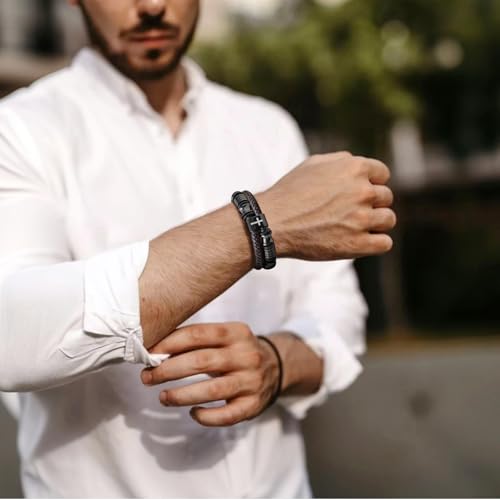 Christian Brown Leather Bracelet for Men - Double-Row Braided Leather Faith Cross Bracelets Bangle Religious Baptism Inspirational Bible Verse Jewelry Gift for Young Men Teenage, Adjustable Wristband3