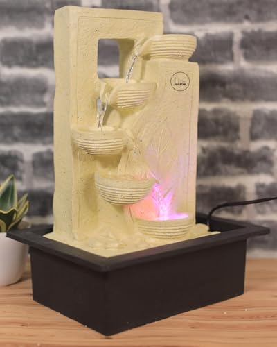 Image of Homvation Cream Resin Tabletop Water Fountain with LED Light | 4-Tier Cascading Waterfall Showpiece for Living Room, Office Desk | Vastu Home Decor Gift