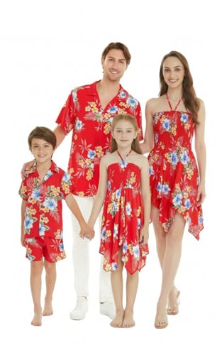 Image of Matchable Family Hawaiian Luau Men Women Girl Boy Clothes in Hibiscus Red