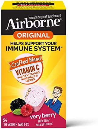 Airborne 1000mg Vitamin C Chewable Tablets with Zinc, Immune Support Supplement with Powerful Antioxidants Vitamins A C & E - 64 Chewable Tablets, Very Berry Flavor