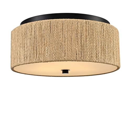 YUBOLE Woven Ceiling Light 3-Light Bohemian Flush Mount Ceiling Light with Paper Hemp Rope Drum Shade for Bedroom Hallway Bathroom Dining Room-Black & Brown