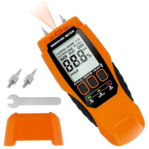 US Pin and Pinless Wood Moisture Meter Precise Water Leak Detector Digital Drywall Humidity Tester Battery Operated Self-Test Moisture Sensor With LCD Display for Wood Drywall Concrete(orange)