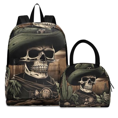 Cowboy Skull Cactus Print Backpack Set with Lunch Bag, Large Capacity Travel Backpacks and Lunch Box Insulated for Commute Hiking Picnic