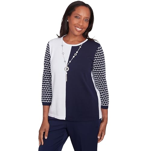 Alfred Dunner Block Island Light Weight Sweate Navy/Multi Cotton/Acrylic