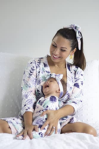 Mommy o' Clock Mommy Robe for Maternity and Baby Swaddle Blanket, Milk Silk Matching Delivery Robe and Swaddling Wrap for Mom and Baby (Lilac Aqua Feathers, L/XL (12-24))