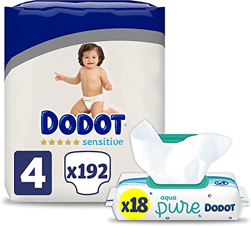 Dodot Pañales Bebé Sensitive Talla 4 (9-14 kg), 192 Pañales + Toallitas Aqua Pure, 99% Agua, 18 Paquetes (18x48), Máxima Protección de la Piel de Dodot