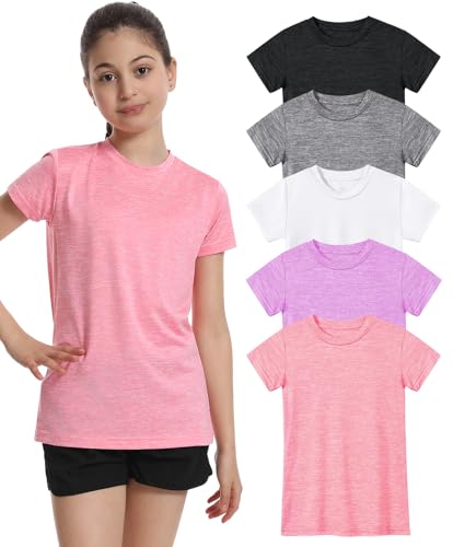 Image of 5 Pack Girls Athletic Shirts Short Sleeve Dry Fit T-Shirts Tops for Teens | Soft and Breathable Fabric, Bright and Cute Colors, Longer Length Design, Colorfast and Anti-Wrinkle