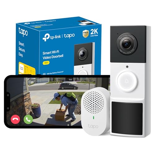 Tapo TD21 Battery Video Doorbell Wireless 2K 3MP Ultra-Clear Doorbell Camera, Ring Chime Included, Color Night, 160°DFOV Ultra-Wide, TP-Link Free AI Detection,IP65, 6-Month Battery,No Monthl