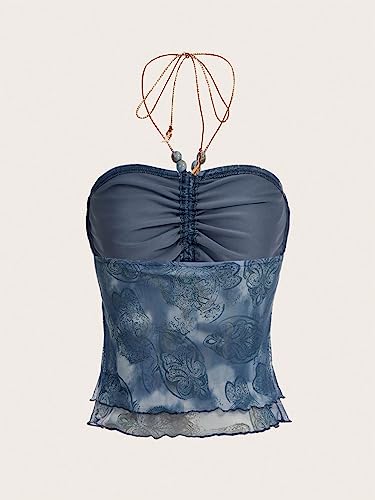 Floerns Women's Beaded Halter Ruched Lettuce Trim Ruched Cami Crop Tube Top2