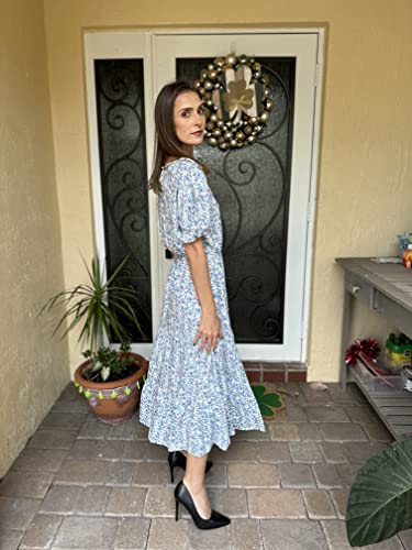 Image of GRECERELLE Women's Spring Summer Casual Loose Round Neck Boho Dress Ruffle Puff Sleeve High Waist Midi Dress